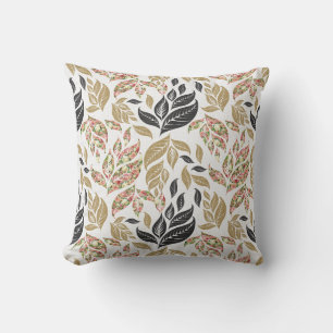 Gold, beige, black and pink leafy pattern pillow