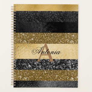 Gold Beige Black Stripes of Glitter Planner