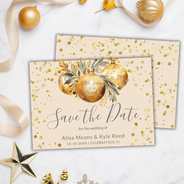 Gold Beige Christmas Wedding Save the Date Invitation (Creator Uploaded)