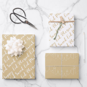 Gold Beige Eid Calligraphy Masjid Pattern Design Wrapping Paper Sheet