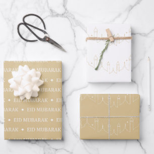 Gold Beige Eid Mubarak Masjid Pattern Design Wrapping Paper Sheet