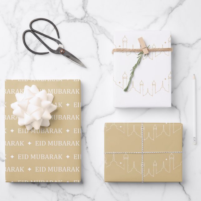 Gold Beige Eid Mubarak Masjid Pattern Design Wrapping Paper Sheet (Front)