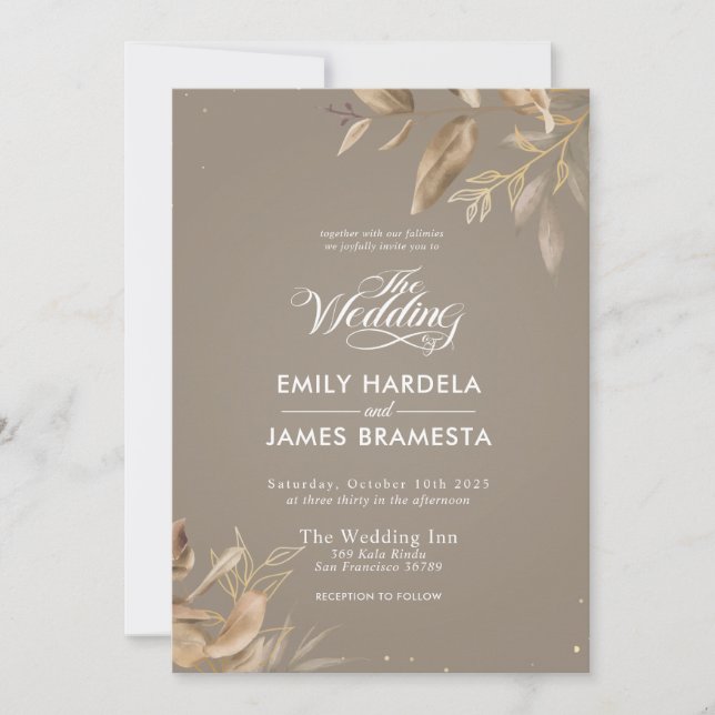 Gold Beige Floral Watercolor Budget Wedding Invitation (Front)