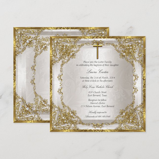 Gold Beige Pearl Damask Cross Baptism/Christening Invitation (Front/Back)