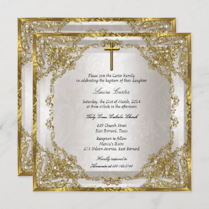 Gold Beige Pearl Damask Cross Baptism/Christening Invitation