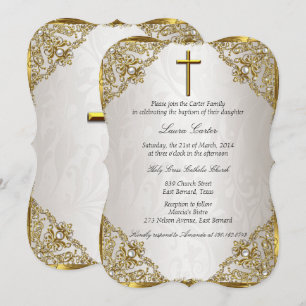 Gold Beige Pearl Damask Cross Baptism/Christening Invitation