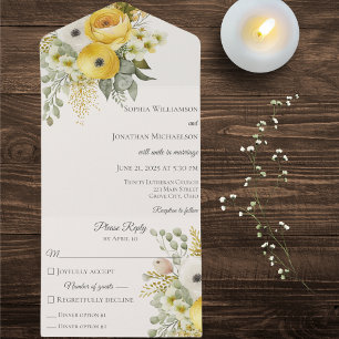 Gold Beige & Sage Green Floral on Beige All In One Invitation