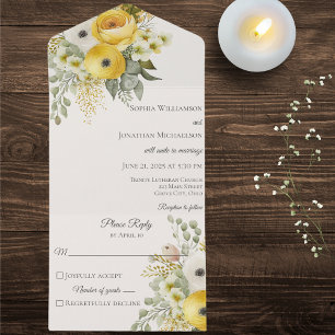 Gold Beige & Sage Green Floral on Beige All In One Invitation