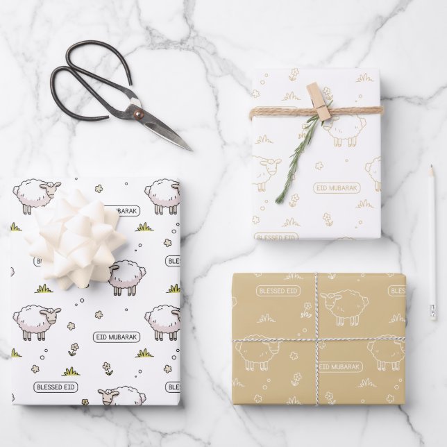 Gold Beige Sheep Eid Mubarak Kids Wrapping Paper Sheet (Front)