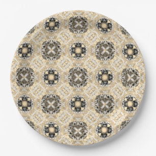 Gold, Beige, Taupe, & Black Gemstones Pattern Paper Plate
