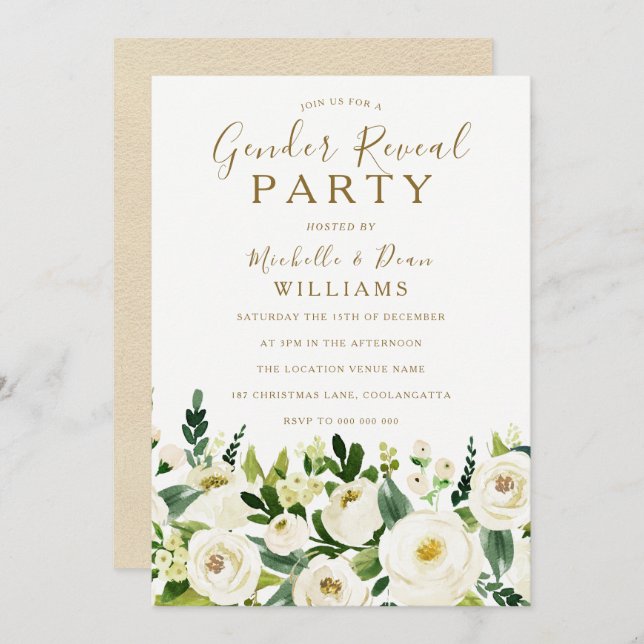 Gold Beige & White Flowers Gender Reveal Party Invitation (Front/Back)