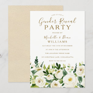 Gold Beige & White Flowers Gender Reveal Party Invitation