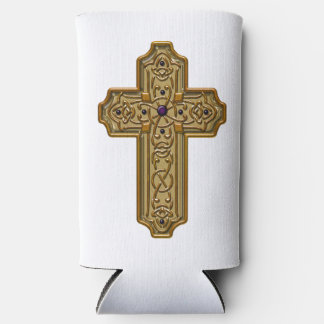 Gold Bejeweled Celtic Style Cross  Seltzer Can Cooler