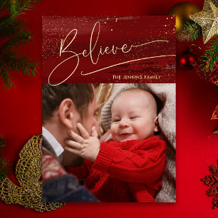 Gold Believe Calligraphy, Sparkles Photo - Red BG Foil Holiday Card