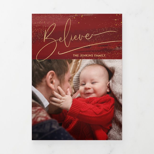Gold Believe Calligraphy, Sparkles Photo - Red BG Tri-Fold Card (Cover)