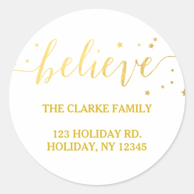 Gold Believe Handwriting | Holiday Address Sticker (Front)