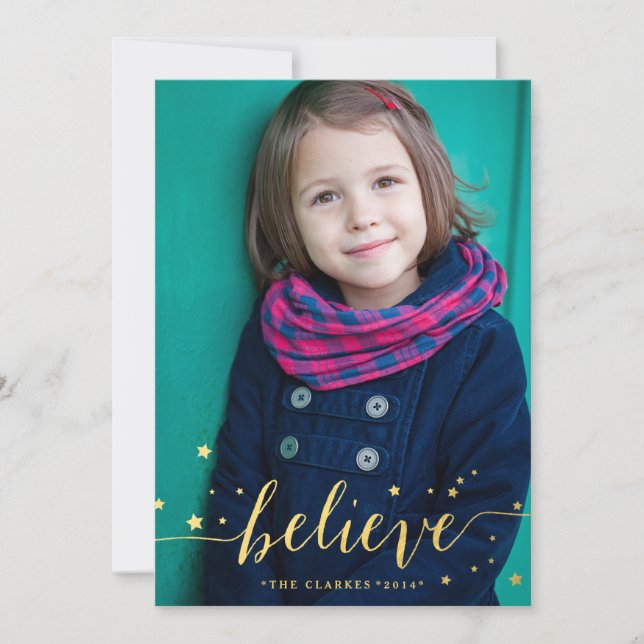 Gold Believe Handwriting | Holiday Photo Card (Front)
