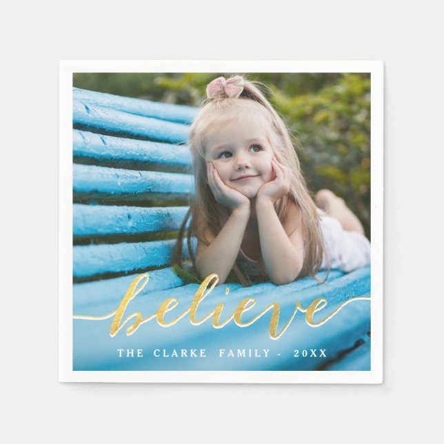 Gold Believe | Holiday Photo Paper Napkins (Front)