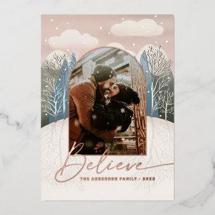 Gold Believe Religious Christmas   Woodland Photo Foil Holiday Card