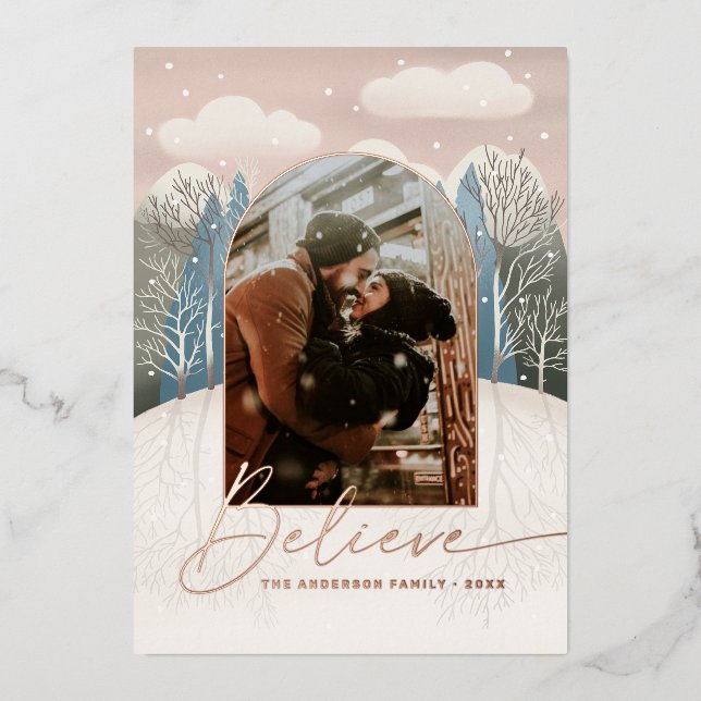 Gold Believe Religious Christmas | Woodland Photo Foil Holiday Card (Front)