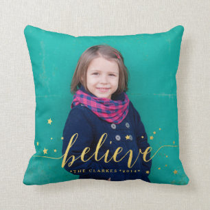 Gold Believe Stars Holiday Photo Throw Pillow