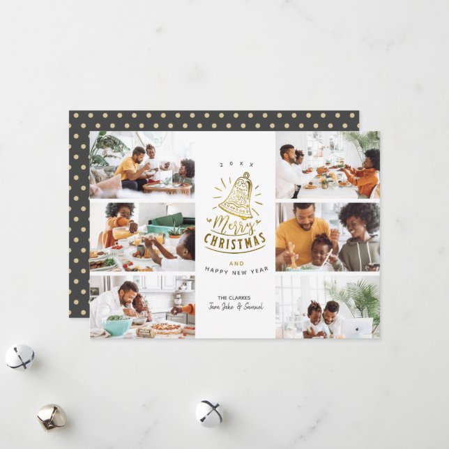 Gold Bell Merry Christmas 6 Photo Collage  Holiday Card (Front/Back In Situ)