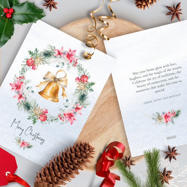 Gold Bell Snowflake Green Red Christmas Wreath Holiday Card (Creator Uploaded)