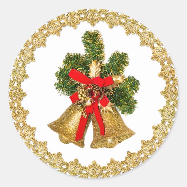 Gold Bells in Gold Frame Christmas Stickers (Front)