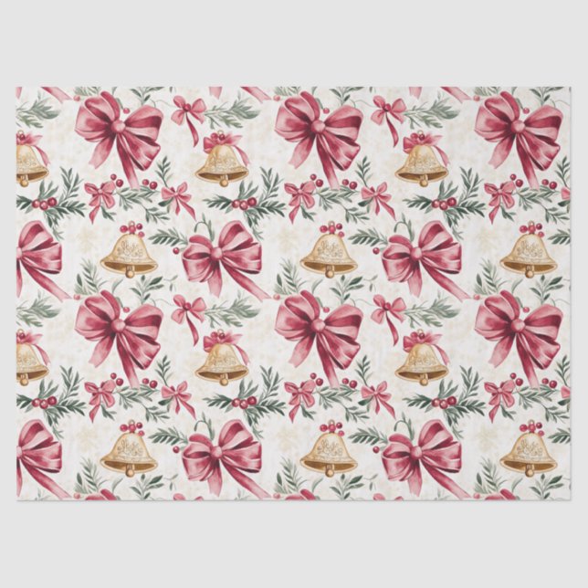 Gold Bells Pink Bows Christmas  Tissue Paper (Front)