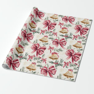 Gold Bells Pink Bows Christmas  Wrapping Paper