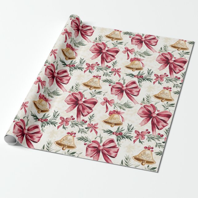 Gold Bells Pink Bows Christmas  Wrapping Paper (Unrolled)