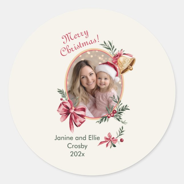 Gold Bells Pink Bows Photo Christmas Classic Round Sticker (Front)