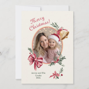 Gold Bells Pink Bows Photo Christmas Holiday Card