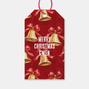 Gold Bells Red Ribbon Christmas Gift Tags