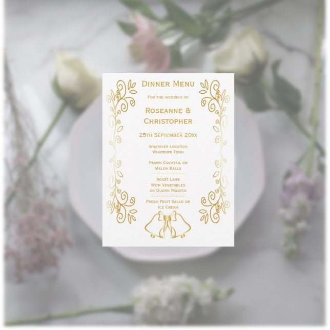 Gold Bells Scrollwork Design Wedding Menu (Gold wedding menu bells and scrollwork design)