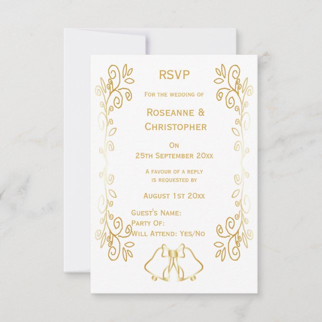 Gold Bells Scrollwork Design Wedding RSVP Card (Front)