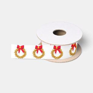 Gold Bells Wreath White Ribbon Satin Ribbon
