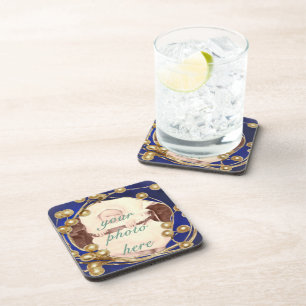 Gold Berries Wreath on Blue Coasters Set
