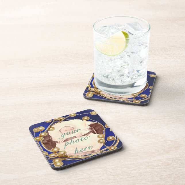 Gold Berries Wreath on Blue Coasters Set (Right Side)