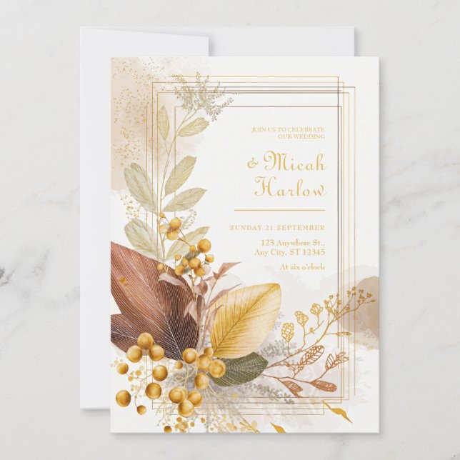 Gold Berry Sienna Leaf Botanical Wedding Invitation (Front)