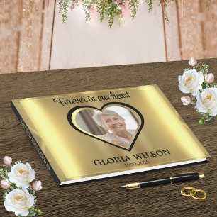 Gold Beveled Forever In Our Heart Funeral Guest Book