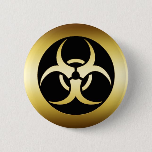 GOLD BIO-HARZARD SYMBOL 6 CM ROUND BADGE (Front)