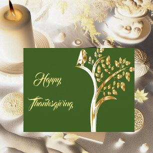 Gold Bird Tree Of Life Fall Happy Thanksgiving Fun Holiday Postcard