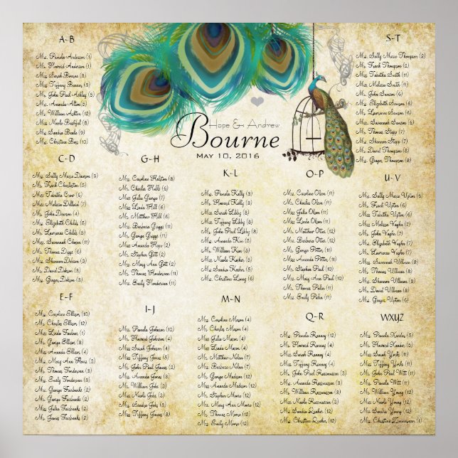 Gold Birdcage Peacock Seating Chart Alphabetical (Front)