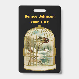Gold Birdcage With Winter Cabin Scene Bird Black ID Badge