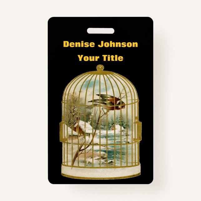 Gold Birdcage With Winter Cabin Scene Bird Black ID Badge (Front)