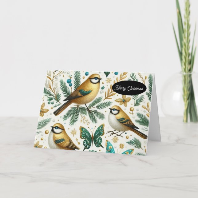 Gold Birds and Emerald Butterfly  Holiday Card (Front)