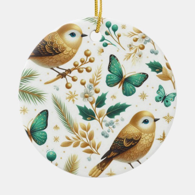 Gold Birds and Emerald Green Butterflies  Ceramic Ornament (Front)