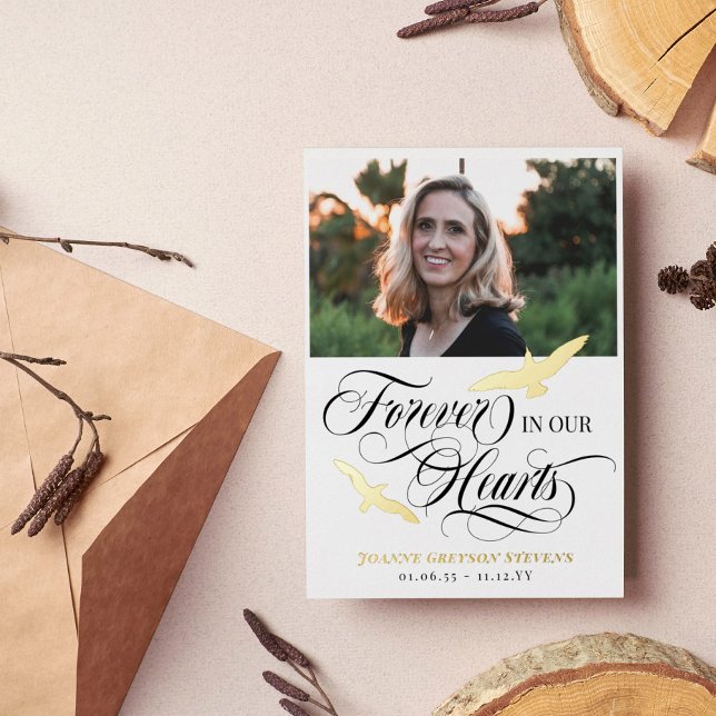 Gold Birds & Calligraphy Forever In Our Hearts Foil Invitation Postcard (Creator Uploaded)
