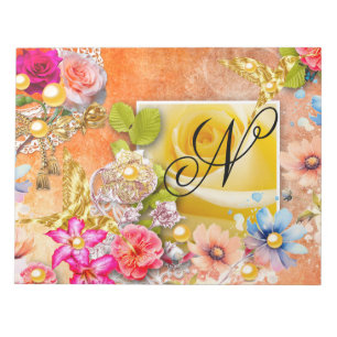 Gold Birds Floral Garden Pink Yellow Roses Pearls Notepad